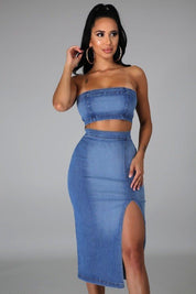 Women's Light Denim Pencil Skirt Set with Top