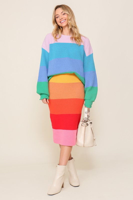 Women's Oversized Rainbow Stripe Chunky Knit Pullover