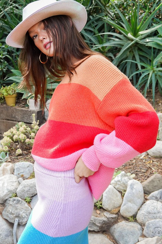 Women's Oversized Rainbow Stripe Chunky Knit Pullover