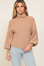 Rib Knitted Turtleneck Sweater with Bishop Sleeve