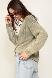 Women's Relaxed Fit Mineral Wash Distressed Sweater