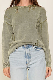 Women's Relaxed Fit Mineral Wash Distressed Sweater