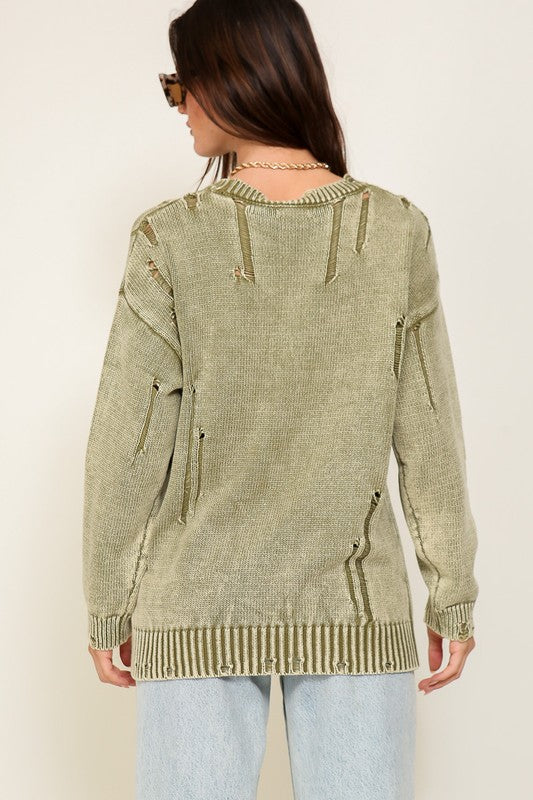 Women's Relaxed Fit Mineral Wash Distressed Sweater