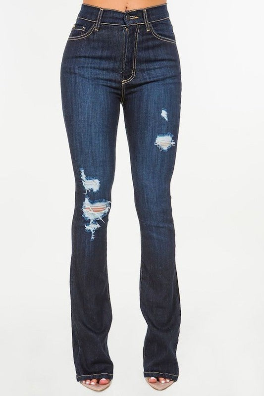 Women's High Rise Boot Cut Jeans with Ripped Detail