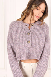 Women's Crop Melange Sweater Top with Bold Buttons