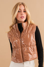 Women's Fitted Glossy Quilted Puffer Zip Up Crop Vest