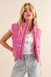 Women's Fitted Glossy Quilted Puffer Zip Up Crop Vest