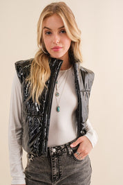 Women's Fitted Glossy Quilted Puffer Zip Up Crop Vest