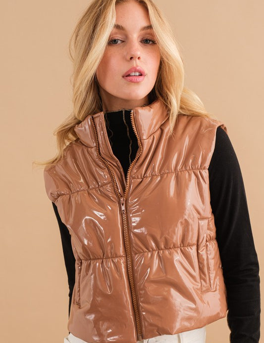 Women's Fitted Glossy Quilted Puffer Zip Up Crop Vest