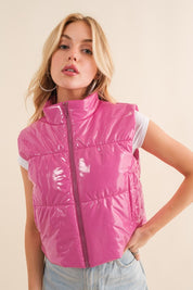 Women's Fitted Glossy Quilted Puffer Zip Up Crop Vest