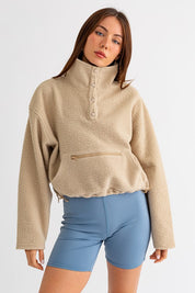 Women's Oversized Fleece Pullover Sweater with Pocket Detail