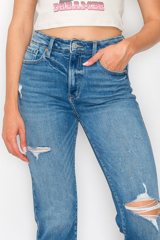 Women's High Rise Tapered Leg Distressed Jeans