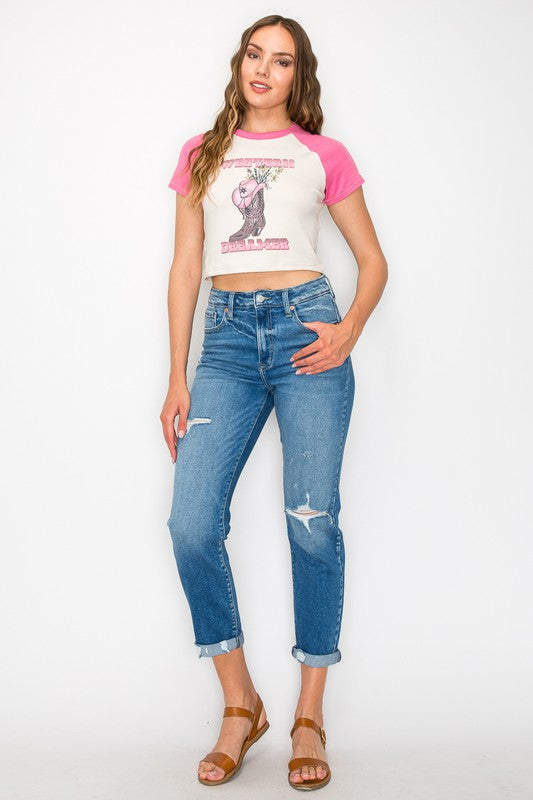 Women's High Rise Tapered Leg Distressed Jeans