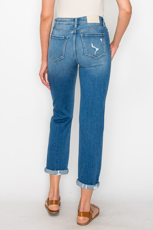 Women's High Rise Tapered Leg Distressed Jeans