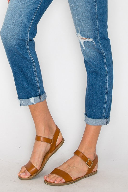 Women's High Rise Tapered Leg Distressed Jeans