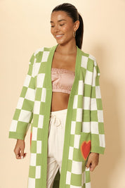 Women's Checkered Knit Cardigan with Heart Patch Pockets