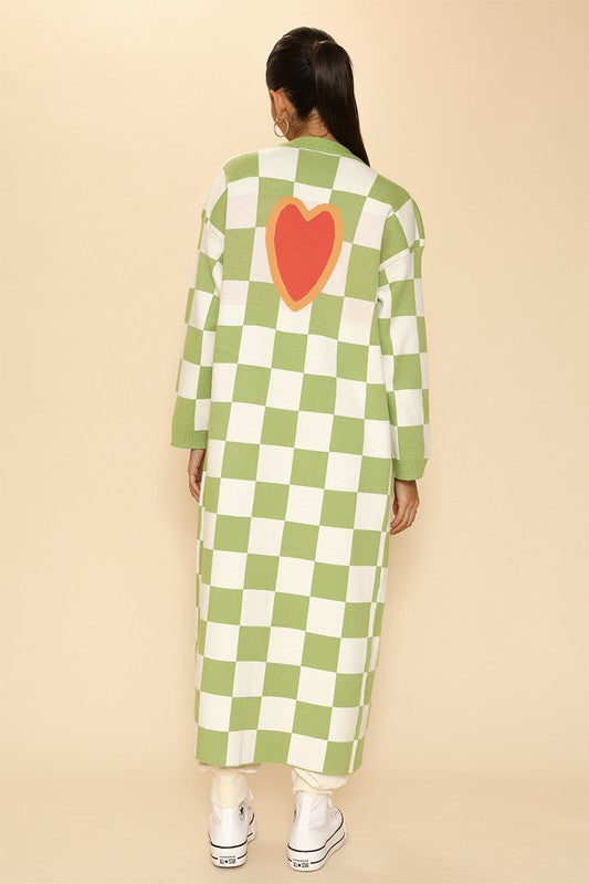 Women's Checkered Knit Cardigan with Heart Patch Pockets