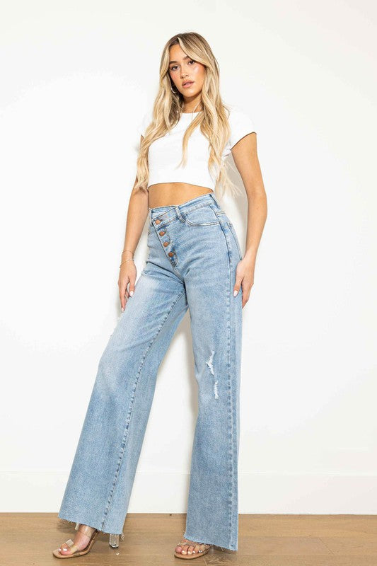 Women's Edgy Criss Cross High Waisted Wide Leg Jeans