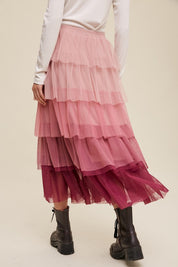 Women's Boho Gradient Tiered Mesh Maxi Skirt