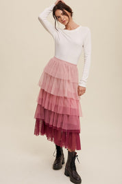 Women's Boho Gradient Tiered Mesh Maxi Skirt