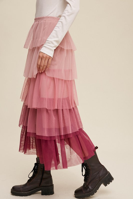 Women's Boho Gradient Tiered Mesh Maxi Skirt