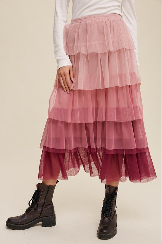 Women's Boho Gradient Tiered Mesh Maxi Skirt