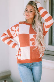 Women's Casual Checkered Floral Print Sweater