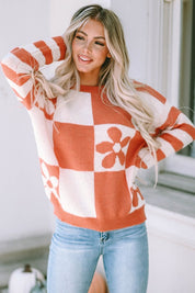 Women's Casual Checkered Floral Print Sweater