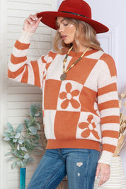 Women's Casual Checkered Floral Print Sweater