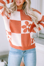 Women's Casual Checkered Floral Print Sweater