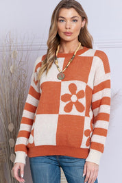 Women's Casual Checkered Floral Print Sweater