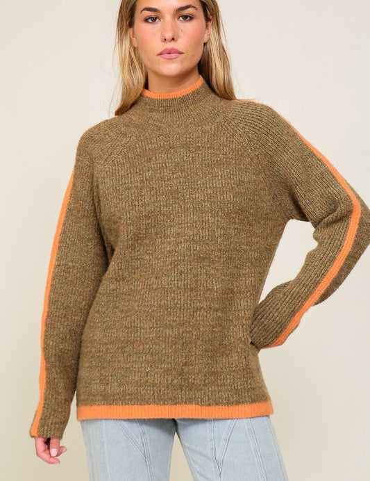 Marled Brown Raglan Sleeve Funnel Neck Sweater