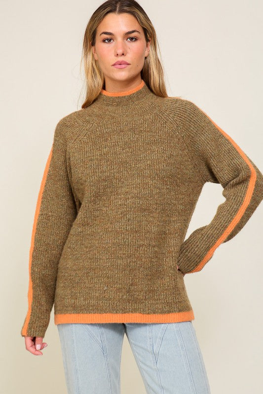 Women's Relaxed Funnel Neck Marled Brown Sweater