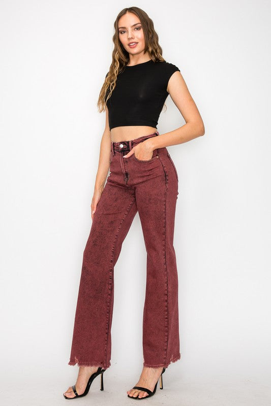 Plus Size High Rise Flared Leg Jeans in Burgundy