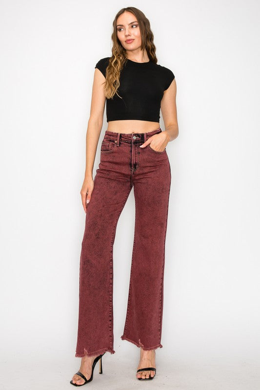 Plus Size High Rise Flared Leg Jeans in Burgundy