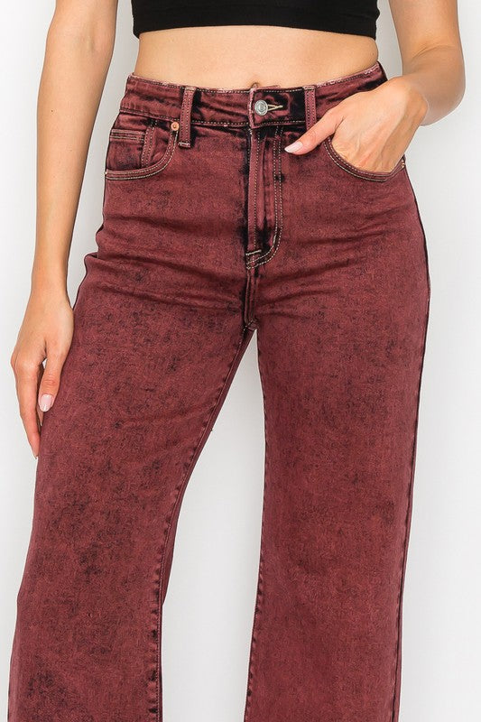 Plus Size High Rise Flared Leg Jeans in Burgundy