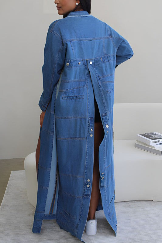 Athina Casual Denim Slit Open Long Denim Jacket