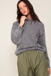 Women's Relaxed Fit Mineral Wash Distressed Sweater