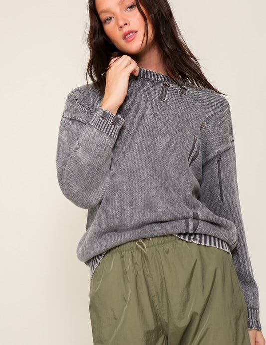 Women's Relaxed Fit Mineral Wash Distressed Sweater