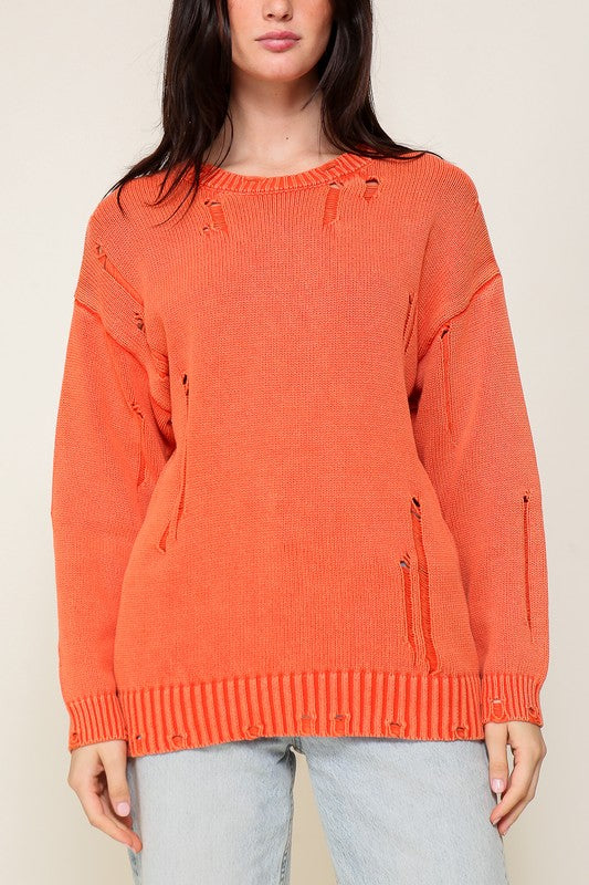 Women's Relaxed Fit Mineral Wash Distressed Sweater