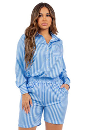 Women's Long Sleeve Button-Up Two Piece Set with Shorts