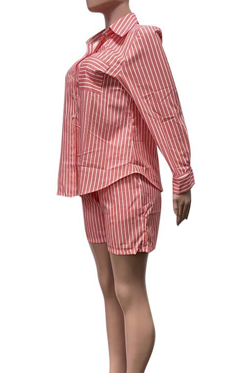 Women's Long Sleeve Button-Up Two Piece Set with Shorts