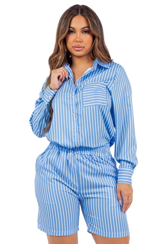 Women's Long Sleeve Button-Up Two Piece Set with Shorts