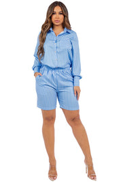 Women's Long Sleeve Button-Up Two Piece Set with Shorts