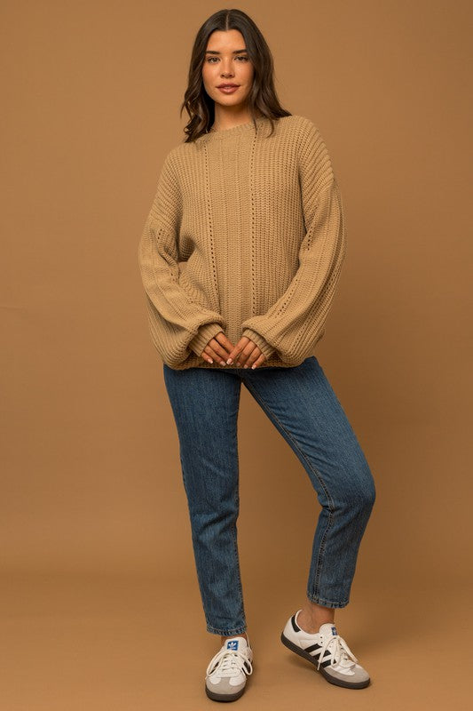 Women's Relaxed Fit Balloon Sleeve Braid Sweater