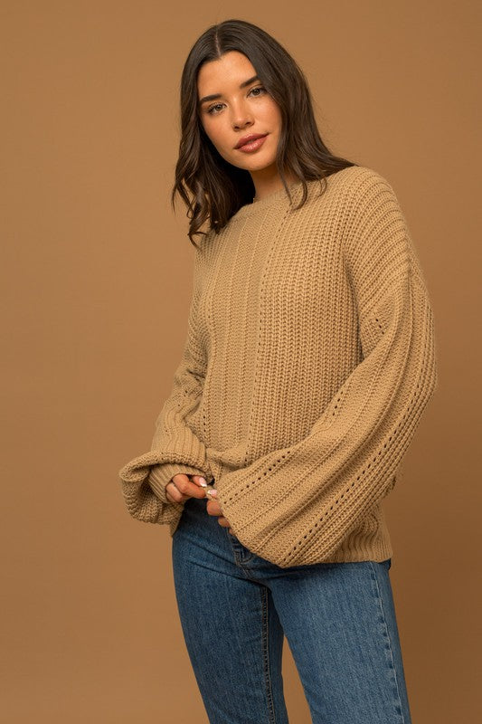 Women's Relaxed Fit Balloon Sleeve Braid Sweater