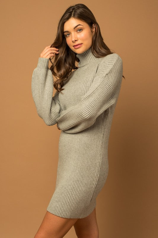 Women's Casual Turtle Neck Balloon Sleeve Sweater Dress