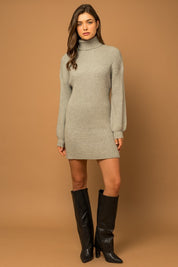 Women's Casual Turtle Neck Balloon Sleeve Sweater Dress