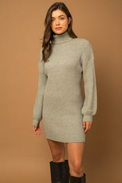 Women's Casual Turtle Neck Balloon Sleeve Sweater Dress