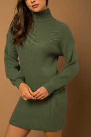 Women's Casual Turtle Neck Balloon Sleeve Sweater Dress